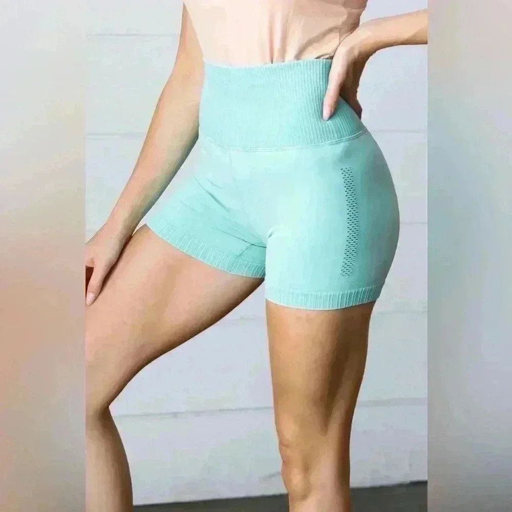 Ice Blue Washed Seamless High Waisted Eyelet Shorts
